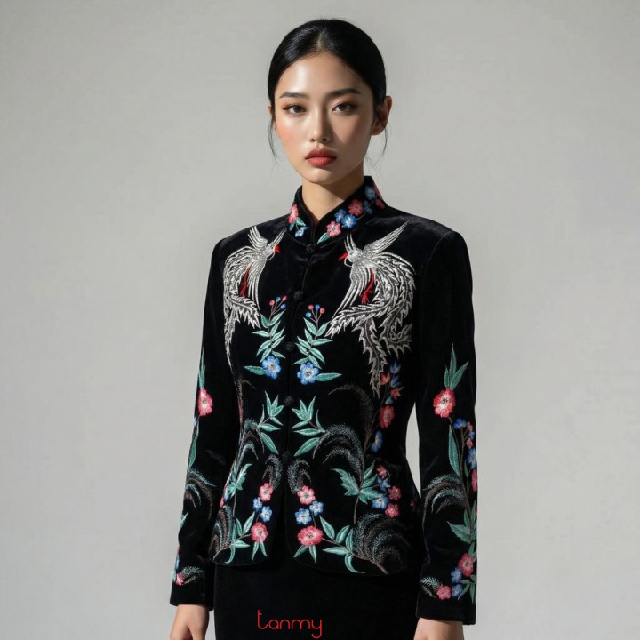 Velvet coat hand-embroidered with phoenix and flower pattern